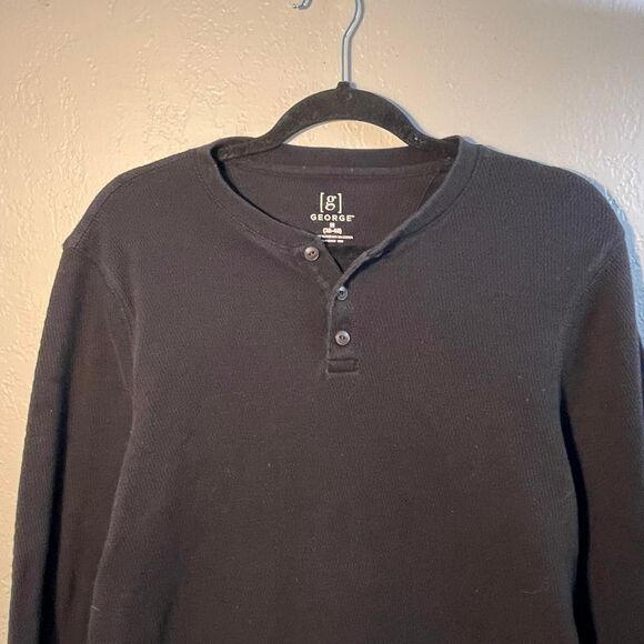 George Men's Black and Navy T-shirt Buttoned Collar  LongSleeve - Picture 2 of 7